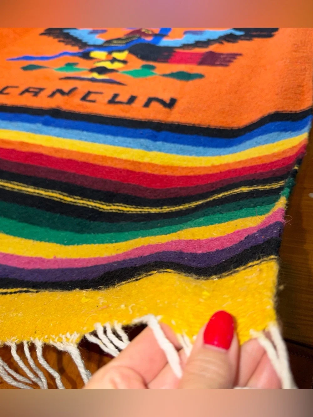 Vintage Hand Woven CANCUN Mexico Rainbow Blanket Throw Eagle Snake 80” X 50” Vtg